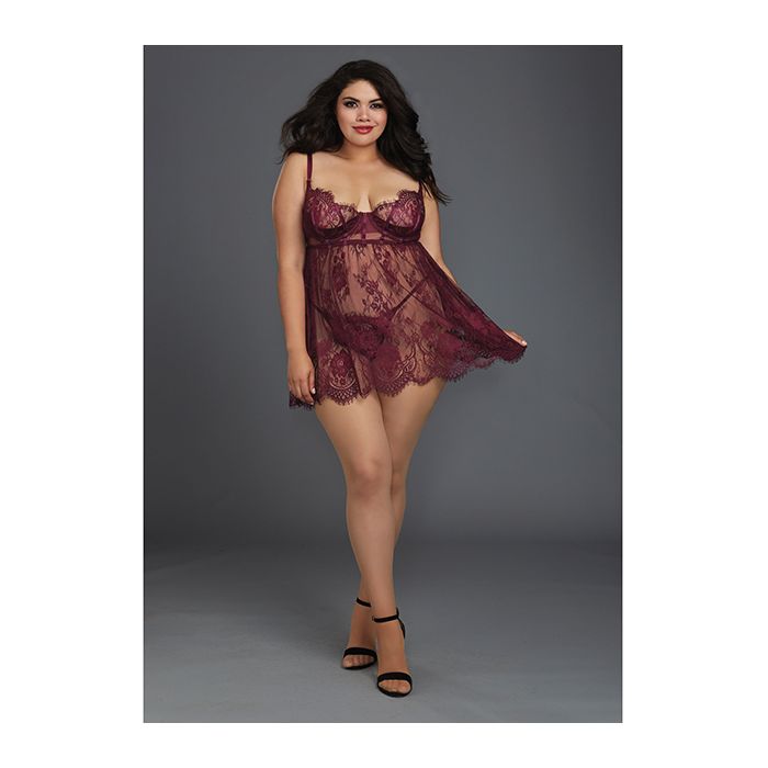 Eyelash Lace Babydoll w/Underwire Cups & Lace Thong Mulberry 1X - Essence Of Nature LLC