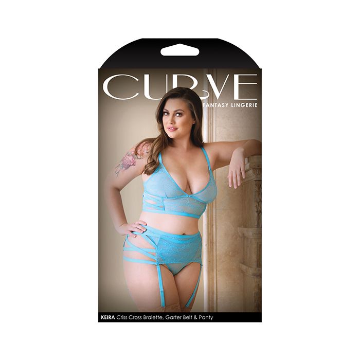 Curve Keira Criss Cross Bralette, Garter Belt & Panty Blue 3X/4X - Essence Of Nature LLC