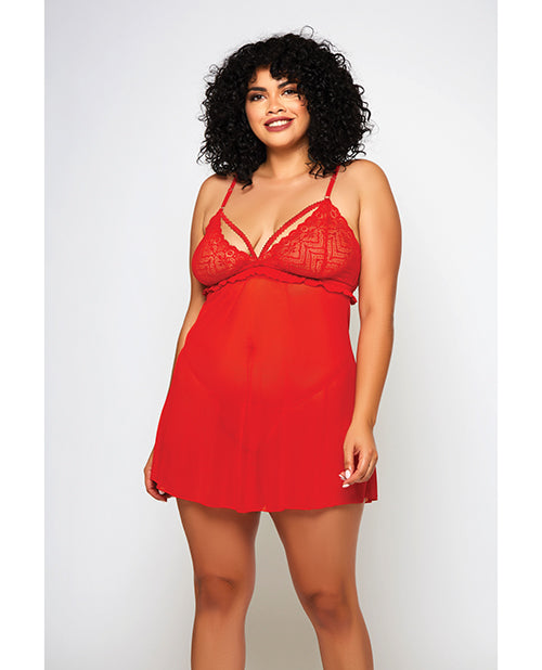 Galloon Lace & Fine Mesh Babydoll & G-String Red 3X - Essence Of Nature LLC
